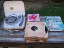 HMV Portable Record Player plus Vinyl Records and Music Sheets