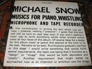 MICHAEL SNOW music for piano whistling CHATHAM SQUARE 2LP AVANT EXPERIMENTAL