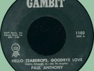 PAUL ANTHONY (w/ group) Hello Teardrops, Goodbye Love 45rpm Gambit 1963