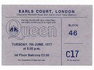 QUEEN  :  EARLS COURT LONDON UK 1977 CONCERT TICKET STUB A DAY AT THE RACES TOUR