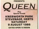 QUEEN : TICKET STUB - 9.8.1986 - KNEBWORTH PARK