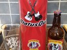 COLLECTABLE STATUS QUO TWO DOGS  TIN - PINT GLASS & EMPTY 500ML BEER BOTTLE