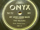 the VELOURS doo-wop 78 MY LOVE COME BACK / HONEY DROP on Onyx VG++ cond. RJ 165
