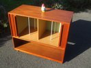 Vintage teak LP vinyl record cabinet, tambour shutter doors, mid century Danish