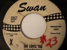 The Beatles 45 Promo Swan - White Label w/Black Print “She Loves You'' Worn