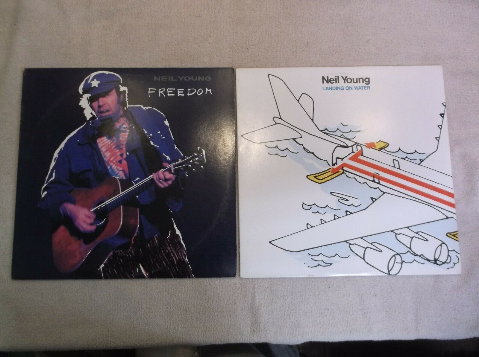 Neil Young, 1989 Freedom & 1986 Landing On Water, Vinyl Records.