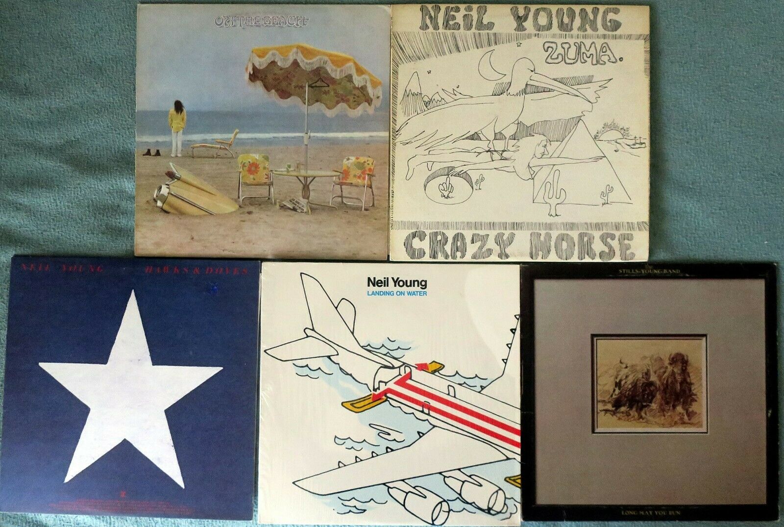 Neil Young 5 LP lot,On The Beach, Landing on Water, Zuma